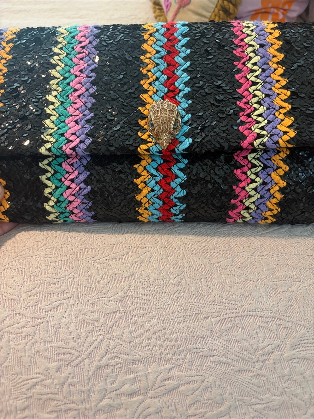 NWT Kurt Geiger Black Woven Clutch with Multicolor Chevron Stripes